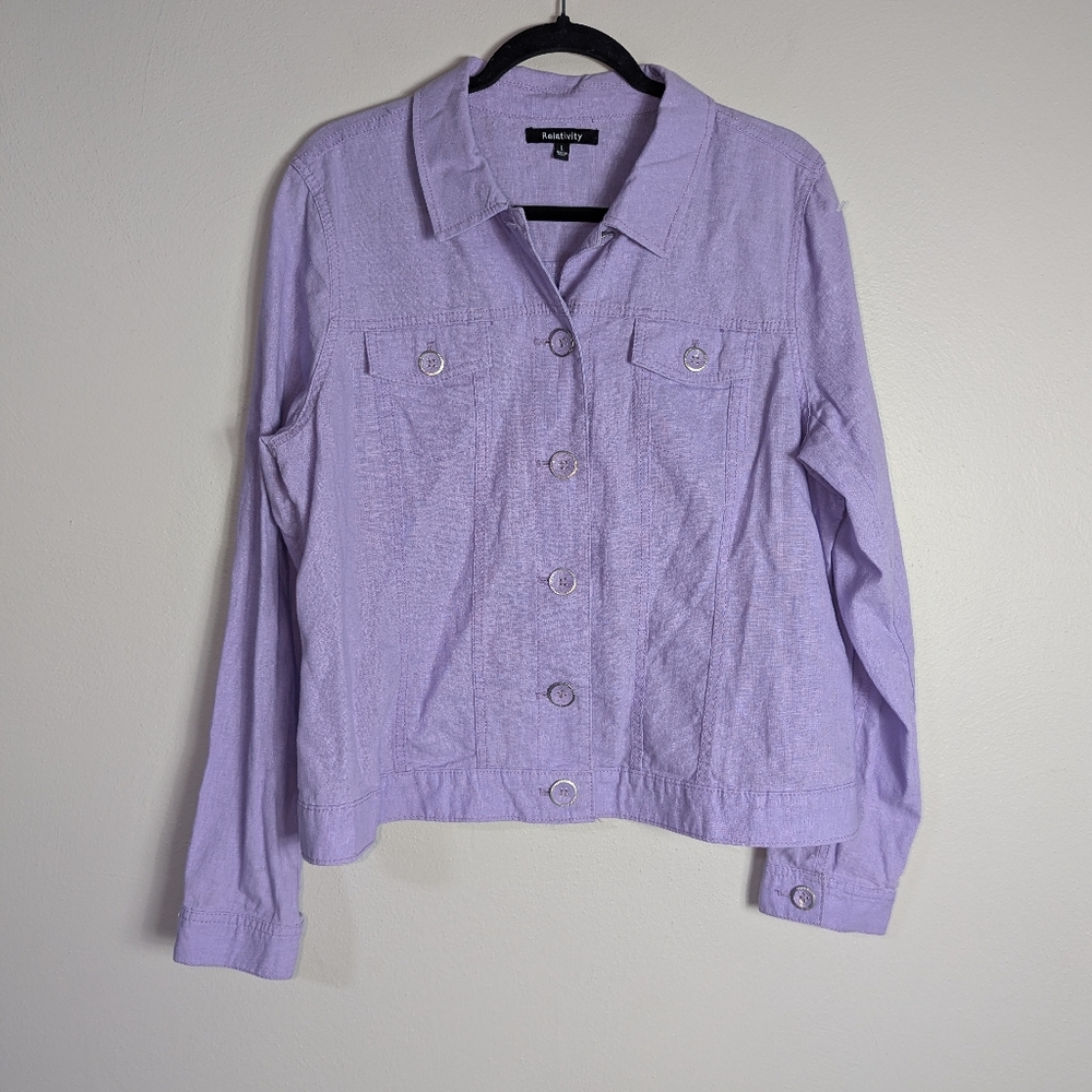 L Relativity Purple Linen Blend Button Front Jack… - image 1